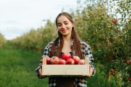 Front view young woman farmer garden agronomy long hair stand happy smile nice hold box red apples. In the apple orchard, the weather is good at the end of the working day. Clear sky background.の写真素材