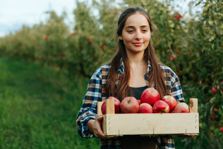 cheerful young woman in the orchard with a crate full of red apples. young female farmer works in the apple orchard. dressed in a checkered shirt, copy spaceの写真素材