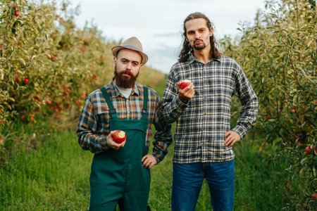 Front view looking at camera two male farmer in sync throw apple up hand then catch bite other hand on hips. Agronomy worker mustache beard happy and satisfied. Large apple orchard rich harvest.の写真素材