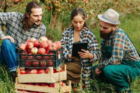 Front view three young farmer men squatting apple orchard in front basket apples gesturing vigorously looking serious. Brothers and sisters think about how to improve the harvesting process.の写真素材