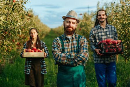 Front view agronomy smile beard mustache hat stand hands on chest behind go girl guy workers apples. Harvest collected in boxes, it is ripe. A rich apple orchard and the best harvest. Family farming.の写真素材
