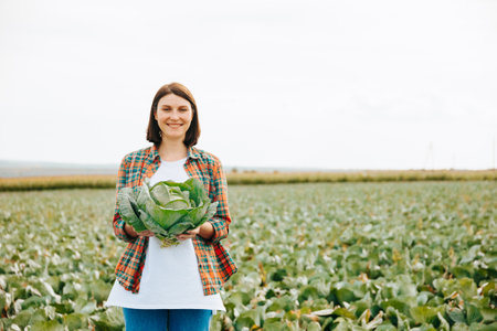 Background of a blurred skyline and a vegetable field, a young woman farmer stands smiling with cabbage in her hands. Harvest season. Clear calm clear sky, good weather. Looking at camera front view.の写真素材