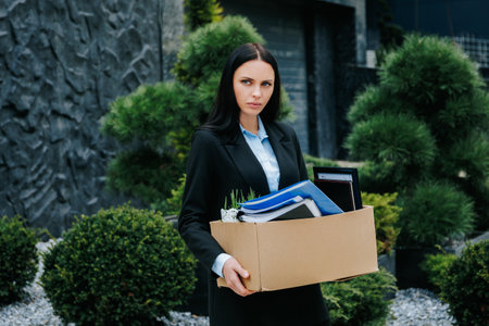 A New Chapter Woman Holding Box After Being Dismissed from Workの写真素材