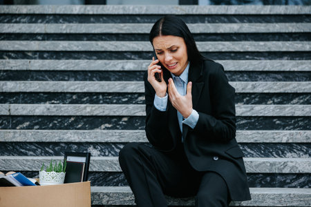 Unemployed Woman on Phone, Discussing Job Loss and Workless Futureの写真素材