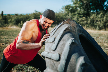 Join this focused Cross Fit man in an outdoor training session, where he lifts a wheel with determination and precision, exemplifying his commitment to fitness.の写真素材