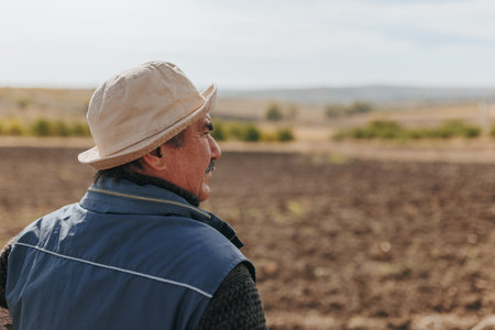 Rural Insight Senior Farmer Analyzing Soil during Harvest Season, back viewの写真素材