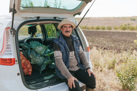 Farming Legacy Senior Farmer Rests Near Car Laden with Harvested Potatoesの写真素材