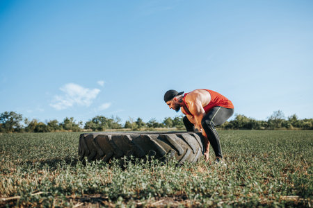 Strong CrossFit Man Training with Wheel Outdoors