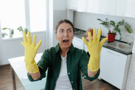 Furious Housewife Shouting in Kitchen, Wearing Yellow Protective Glovesの写真素材