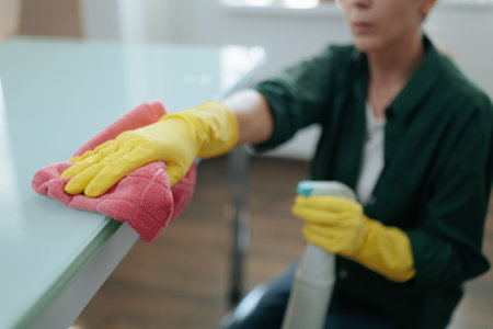 Housewife with Protective Gloves Cleaning Her Kitchenの写真素材