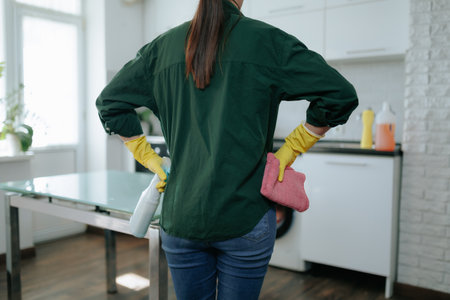 Back View Housewife with Cleaning Supplies in the Kitchenの写真素材