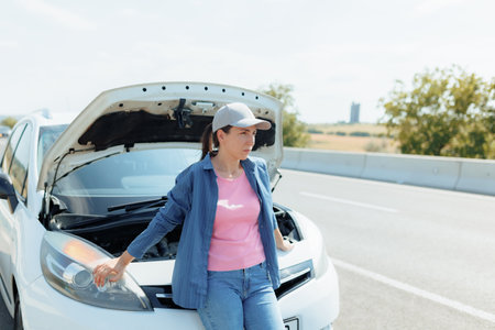Young Woman in Distress Next to Broken-Down Car on Expresswayの写真素材