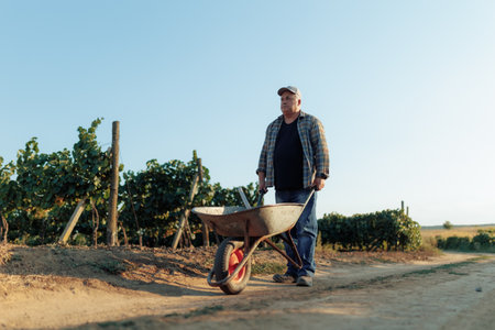 Old Farmer with Wheelbarrow on Rural Road in the Countrysideの写真素材