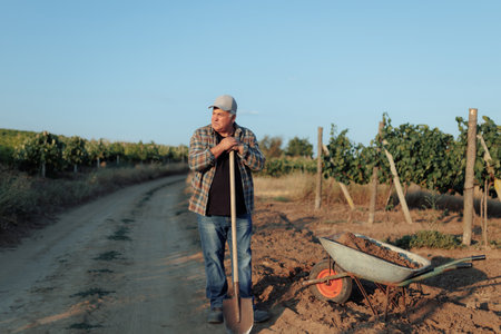 Elderly Man Takes a Break in Agricultural Field with Toolsの写真素材