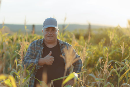 Senior Farmer Giving Thumbs-Up in Agricultural Fieldの写真素材