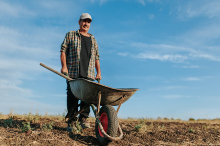 Senior Farmer with Wheelbarrow on a Country Road Near Fieldsの写真素材