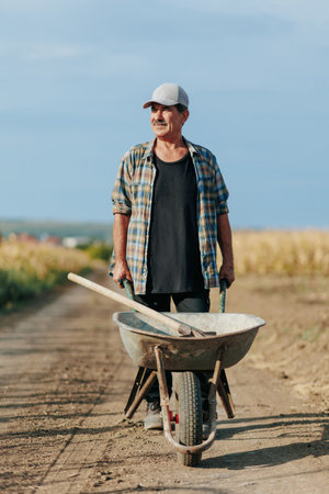 Old Farmer with Shovel in Wheelbarrow Walks Along Rural Roadの写真素材