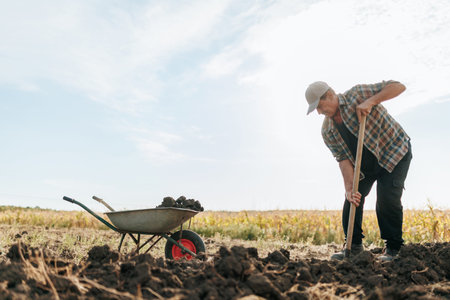 Senior Citizen Farmer Filling Wheelbarrow with Soil in Rural Sceneの写真素材
