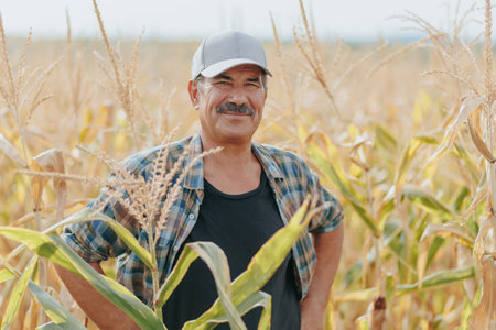 Elderly Farmer with Mustache on Field Terrainの写真素材