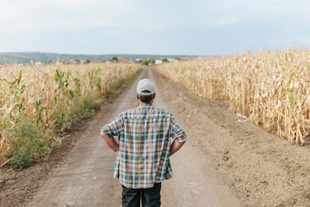 Old Man Farmer in Cap Walking on Country Road Fields from Behindの写真素材