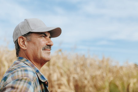 Senior Man with Mustache Standing on Agricultural Fieldの写真素材
