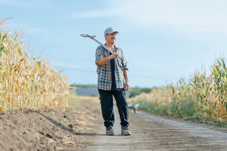 Portrait of an Elderly Farmer with Shovel on Country Road Near Fieldsの写真素材