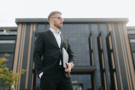 Professional Man with Beard and Glasses Holding Laptop Outside Workplace