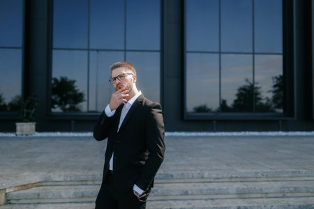 Bearded Man in Formal Attire Thinking Deeply by Corporate Officeの写真素材