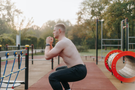 Fit Athlete with Naked Body Engaging in High-Intensity Training Outsideの写真素材