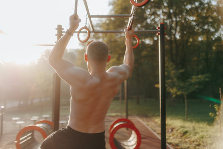 Fit Man with Naked Torso Performing Ring Exercises on Outdoor Gym Field Back View