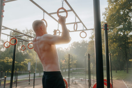 Athletic Male in Outdoor Gym Training with Rings Back View of Naked Torso