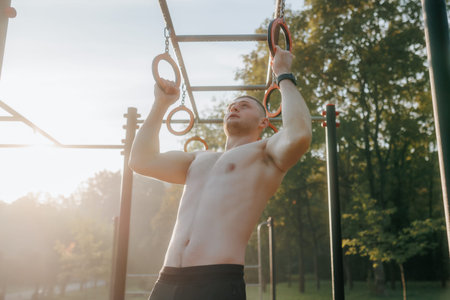 Muscular Athlete with Naked Torso Using Gymnastic Rings Outside