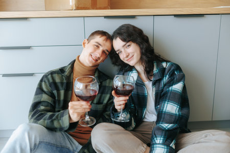 Family Bonding A Husband and Wife Enjoy Wine While Discussing Home Improvementsの写真素材