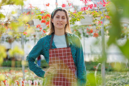 Portrait of confident woman in apron and hands on her hips, in the greenhouseの写真素材