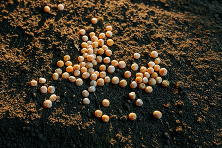 Small round objects scattered on dark soil under warm sunlightの写真素材