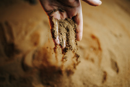 Hands sifting through soil to cultivate the earth outdoors in natural lightの写真素材
