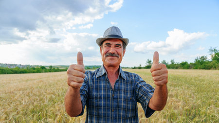 Elderly farmer man with mustache shows thumb up, looking at camera.の写真素材