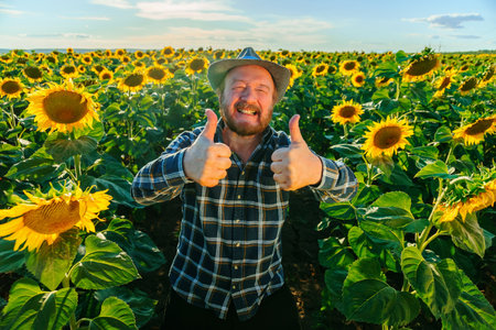 thumbs up an excited old farmer is laughing he is happy and looking at the camera.の写真素材