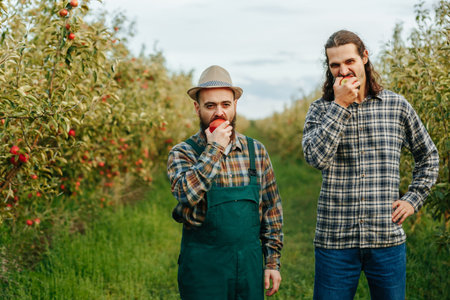 looking at camera two male farmer in sync throw apple up hand then catch bite other hand on hips