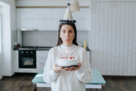 Lonely birthday moment at home woman with lit cake in living room.の写真素材