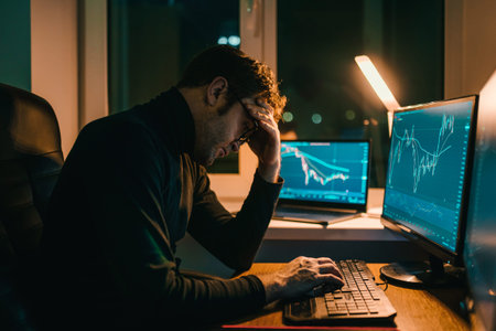 Stressful night working on financial data analysis in a dimly lit office