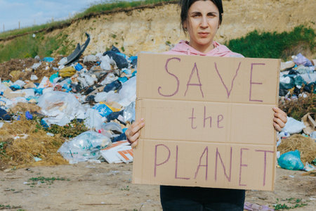 Female activist stands in front of a polluted landfill holding a cardboard sign reading SAVE THE PLANET, protesting trash overflow and demanding environmental change.の写真素材