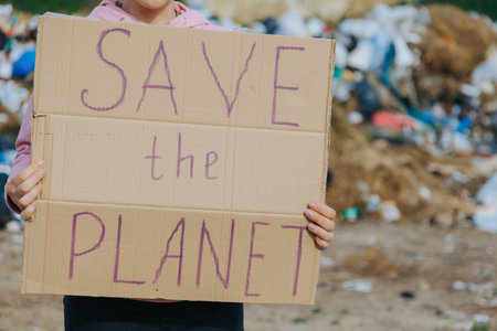 Female activist stands in front of a trash-filled landfill holding a cardboard sign reading Save the Planet, spreading environmental awareness and urgent action.の写真素材