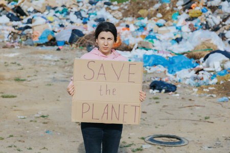 A woman environmental activist holds a cardboard sign that says Save the Planet while standing in front of a landfill, demanding action on pollution and climate change.の写真素材