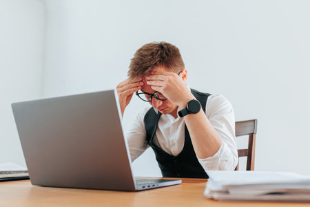 Man experiencing stress while working at a desk in a modern office settingの写真素材