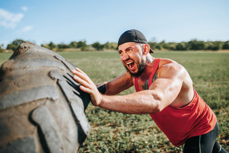 Strong man pushing large tire on sunny field during outdoor workoutの写真素材