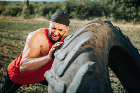 Man exercises outdoors by pushing large tire on grassy fieldの写真素材