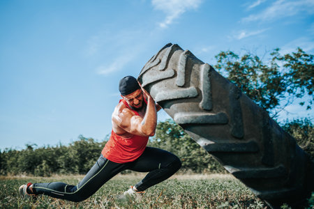 Strong man pushing a large tire in a sunny outdoor fitness routineの写真素材