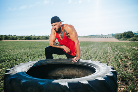 Man exercises outdoors using a large tire in a sunny fieldの写真素材