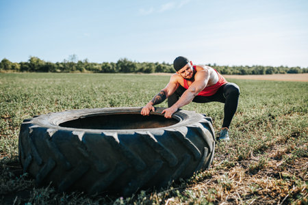Fitness enthusiast lifts large tire in open field under clear skyの写真素材